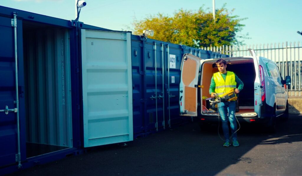 Business inventory and equipment stored safely in secure storage containers in Portsmouth